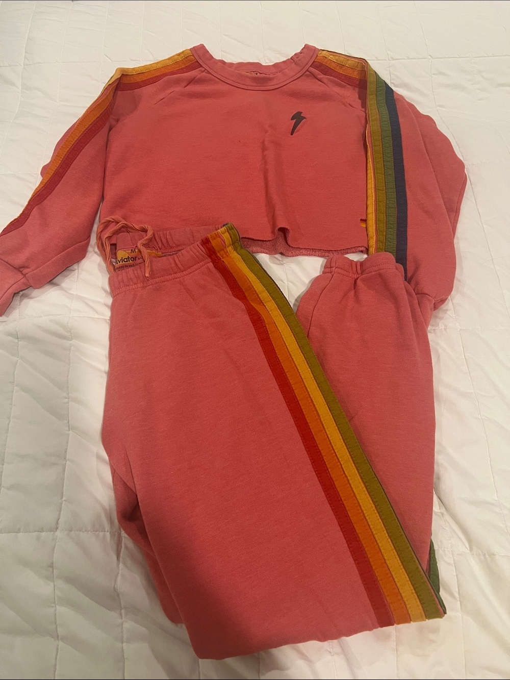 Aviator Nation Coral Rainbow-Stripe
Sweatpants(M) and crew top (S)